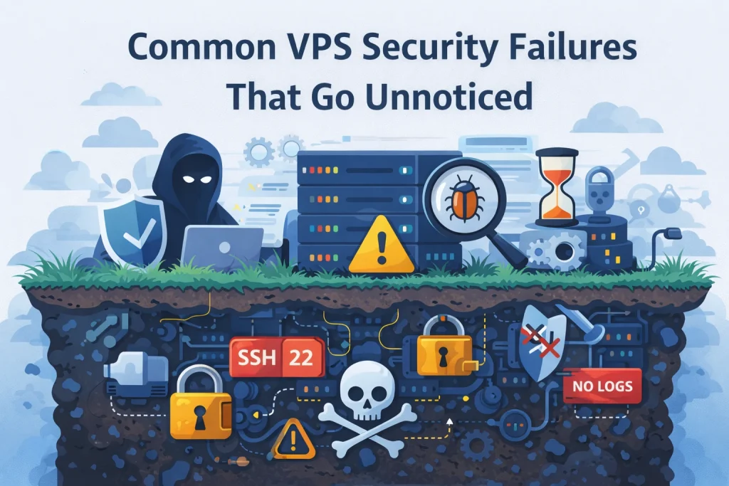 Flat illustration showing hidden VPS security weaknesses and unnoticed server vulnerabilities.