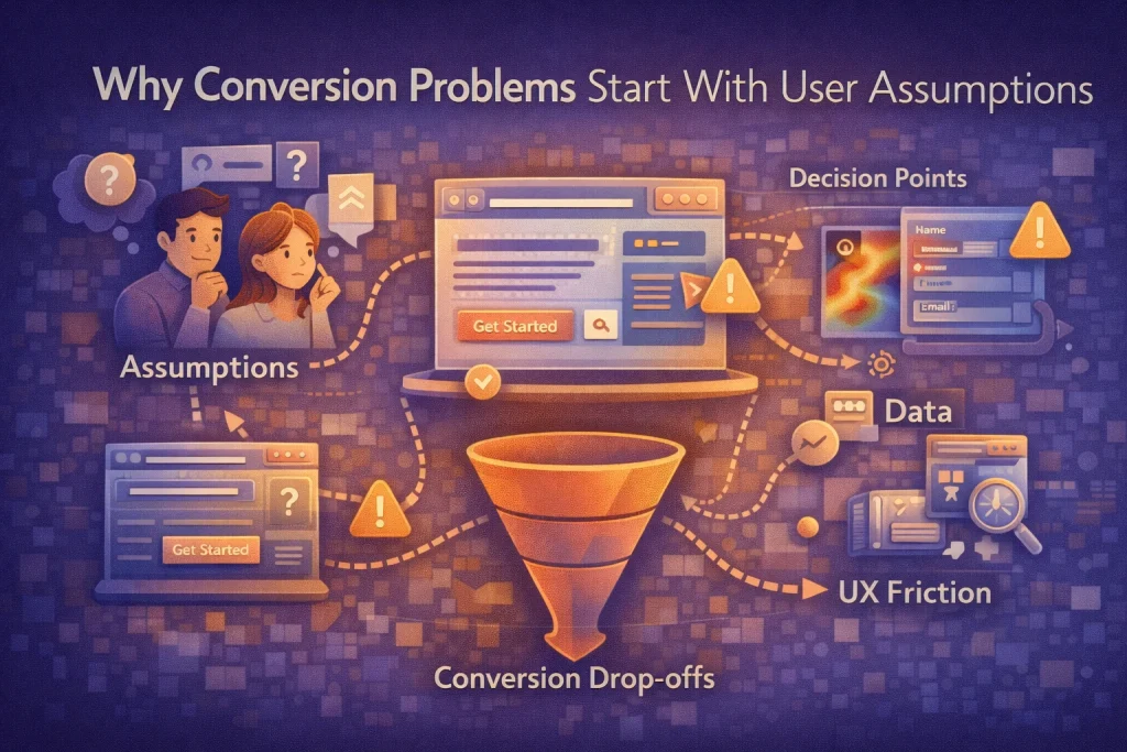 Flat illustration showing users navigating a website with decision points, highlighting mismatched assumptions, UX friction, and conversion drop-offs.