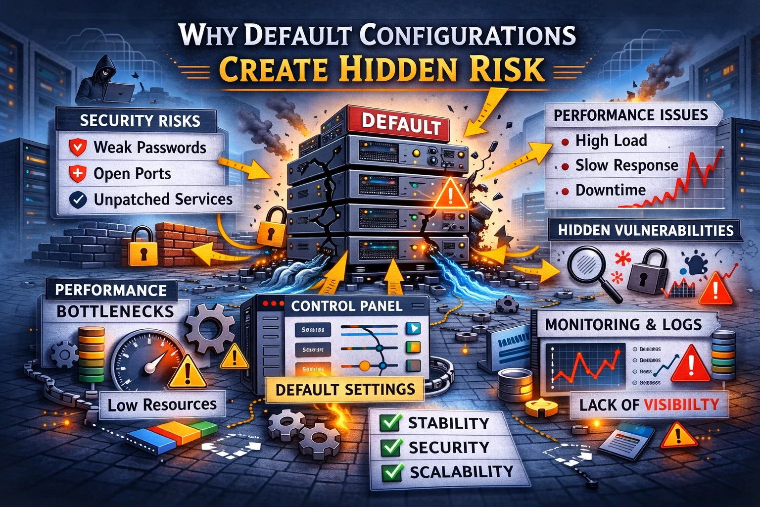 Flat illustration showing server defaults creating hidden security and performance risks in hosting environments.