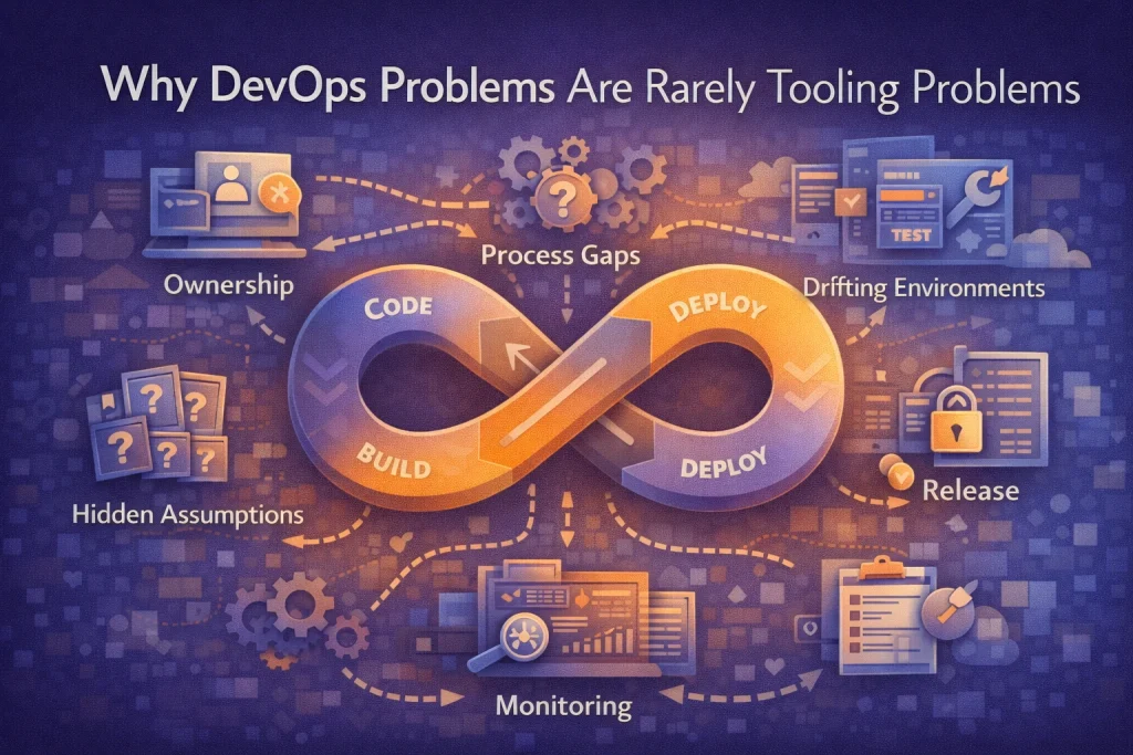 Flat illustration showing a CI/CD pipeline with deployment stages, monitoring checkpoints, and process flow highlighting DevOps practices over tools.
