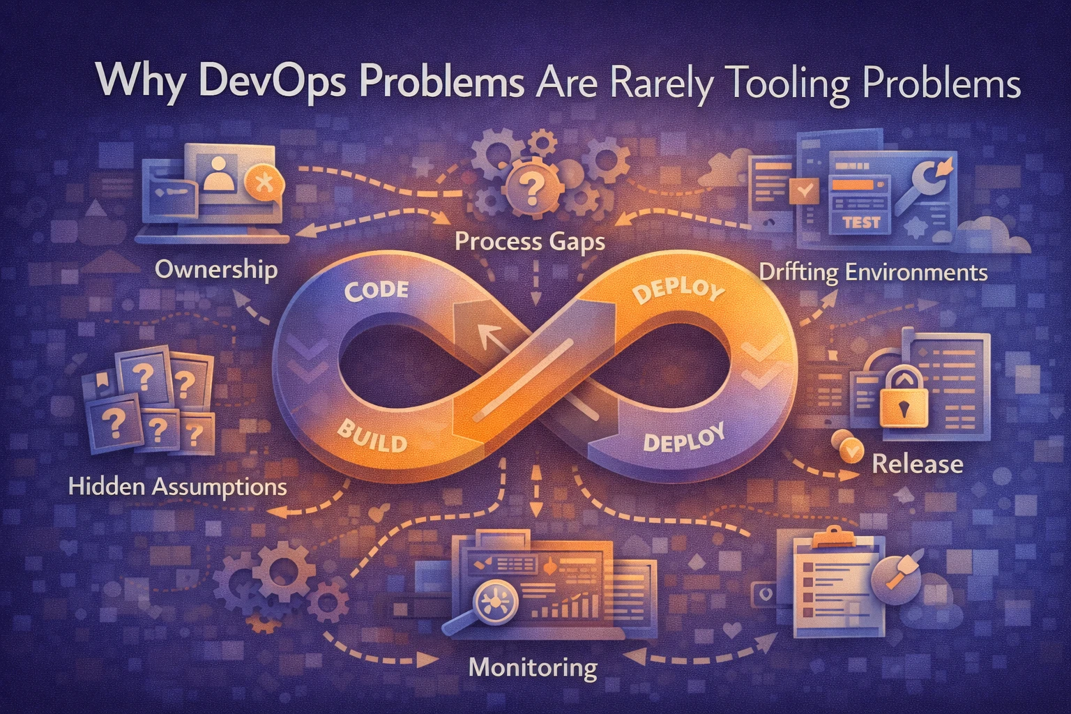 Flat illustration showing a CI/CD pipeline with deployment stages, monitoring checkpoints, and process flow highlighting DevOps practices over tools.