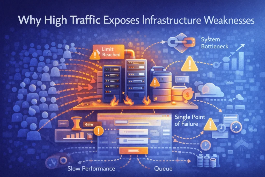 Flat illustration showing web infrastructure under heavy traffic load, highlighting performance bottlenecks, scaling limits, and system stress points.