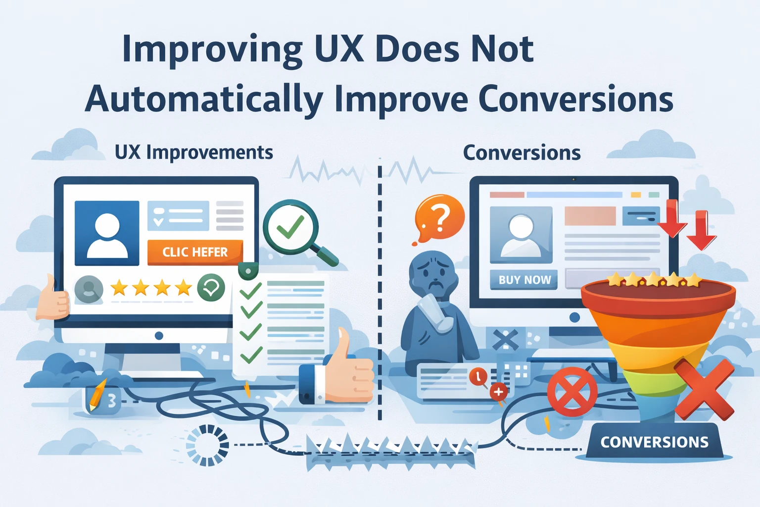 Flat illustration representing UX improvements failing to increase website conversions.