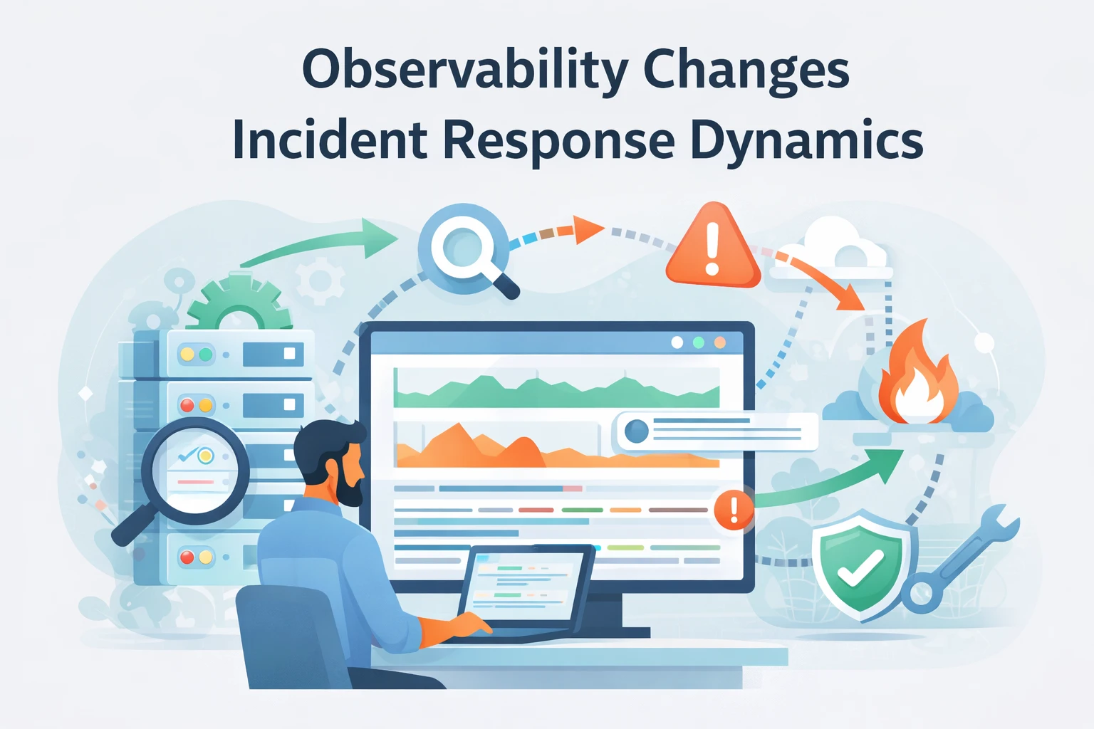 Flat illustration representing observability improving infrastructure incident response and failure detection.