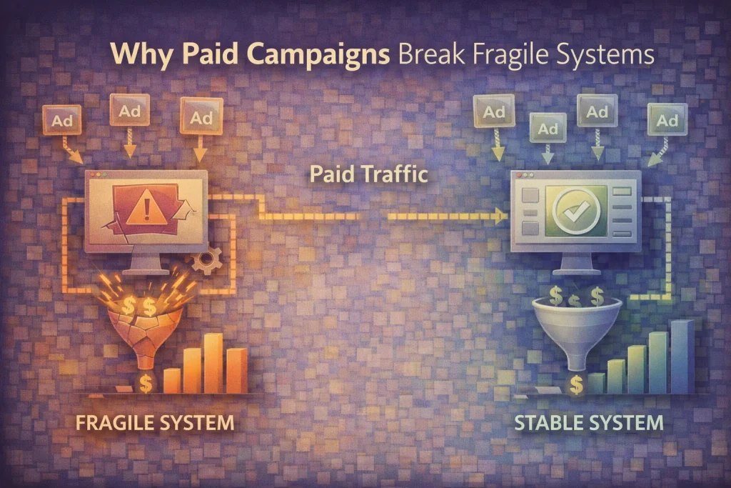Flat illustration showing paid traffic overwhelming a fragile website system while a stable system absorbs the load smoothly.