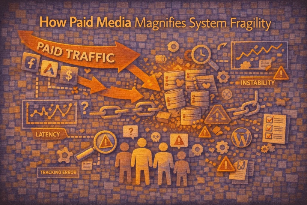 Flat illustration showing paid traffic spikes revealing hidden system fragility, bottlenecks, and performance instability.