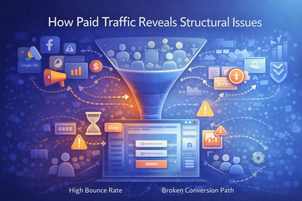 Flat illustration showing paid traffic flowing into a website funnel, highlighting performance, conversion, and structural weaknesses.