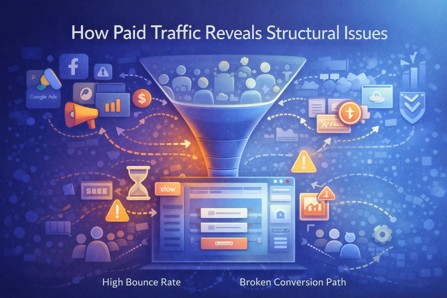Flat illustration showing paid traffic flowing into a website funnel, highlighting performance, conversion, and structural weaknesses.