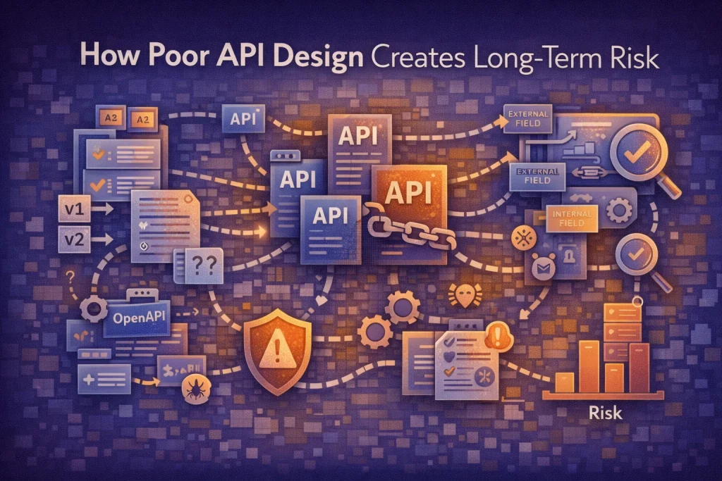 Flat illustration showing interconnected APIs with versioning layers, data contracts, and long-term integration risk points.