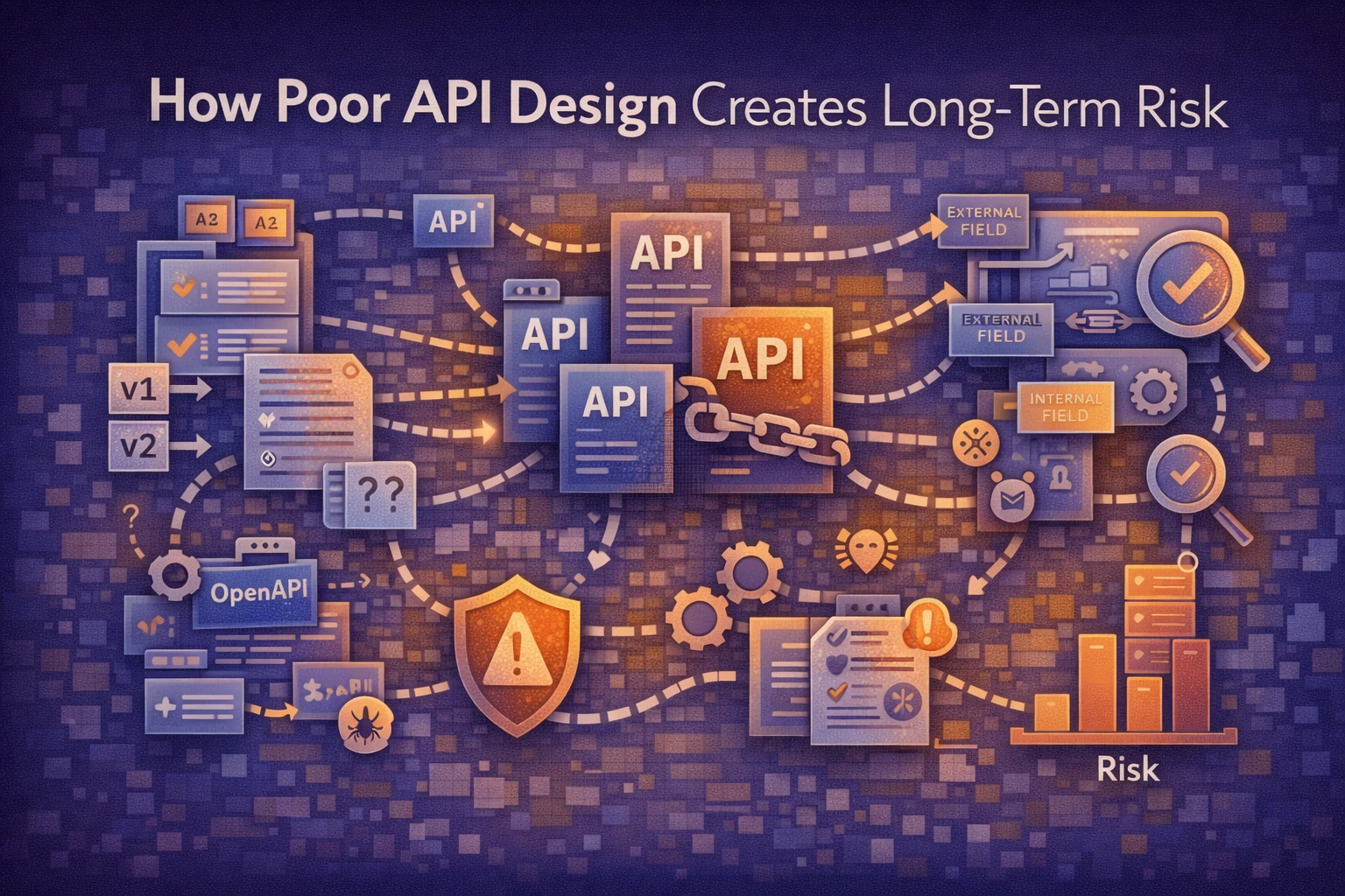 Flat illustration showing interconnected APIs with versioning layers, data contracts, and long-term integration risk points.