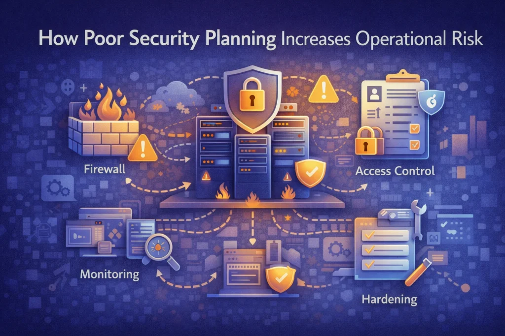 Flat illustration showing layered website security defenses including monitoring, firewall protection, access control, and system hardening elements.