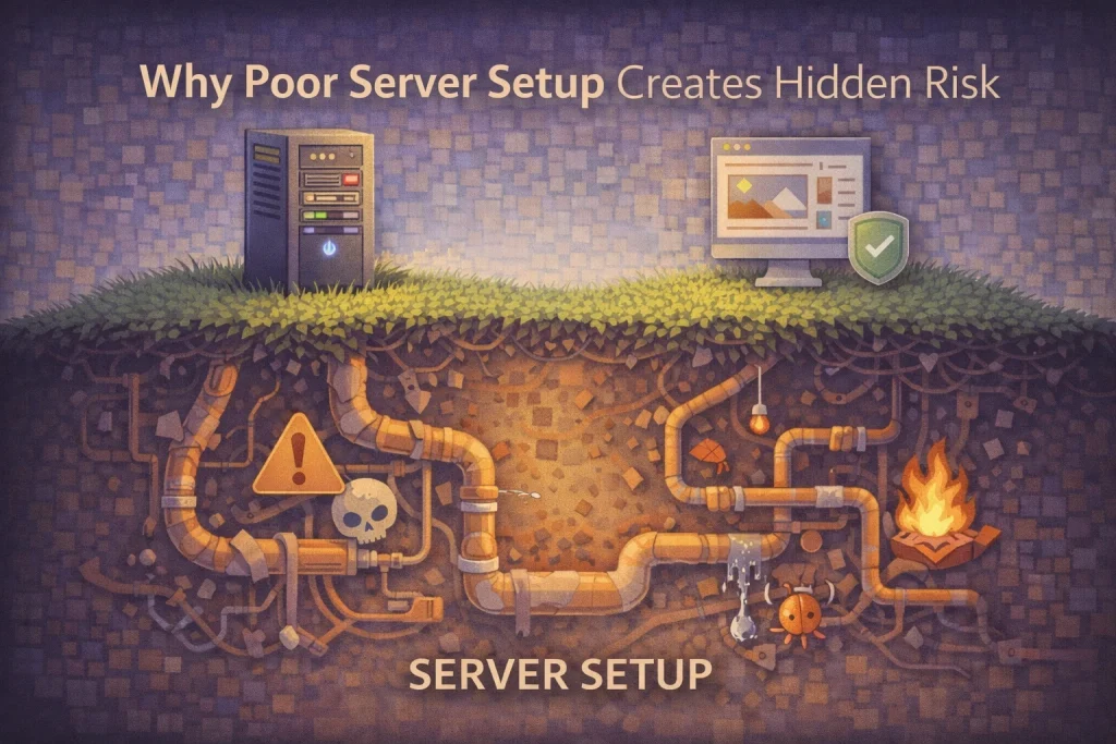 Flat illustration showing a server that appears functional on the surface while hidden configuration risks accumulate underneath.