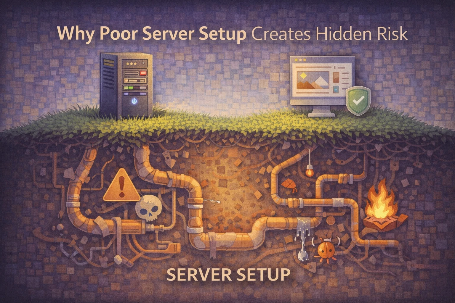 Flat illustration showing a server that appears functional on the surface while hidden configuration risks accumulate underneath.