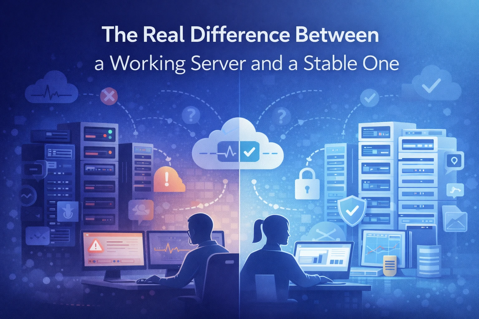 Flat illustration showing server infrastructure with monitoring layers, stability indicators, and system components representing reliable hosting.