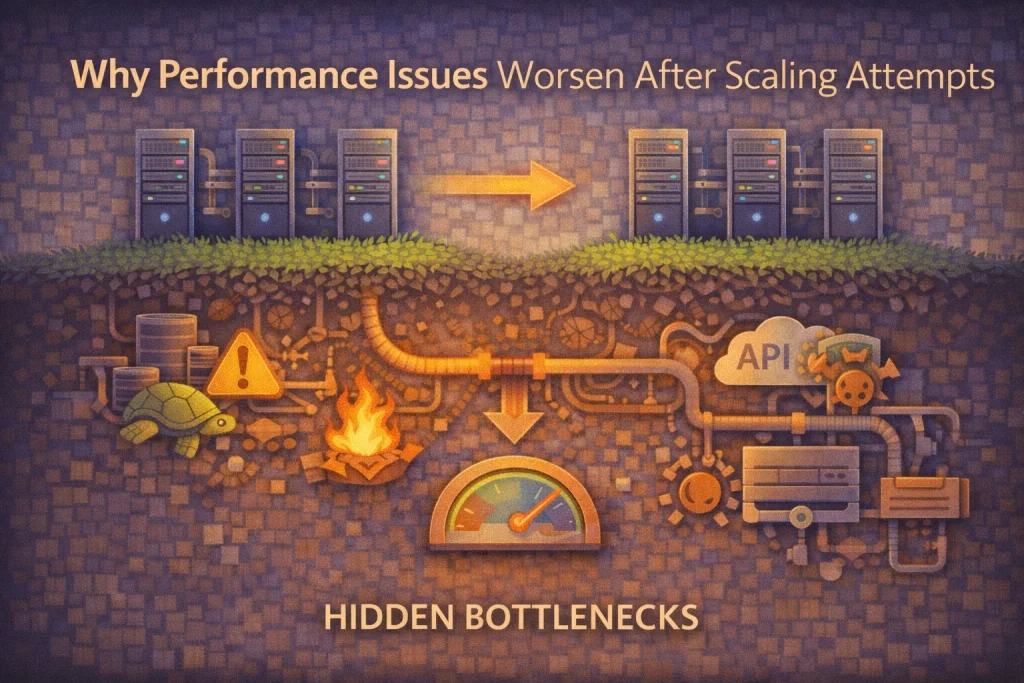 Flat illustration showing scaled infrastructure where performance problems increase due to hidden bottlenecks and coordination overhead.