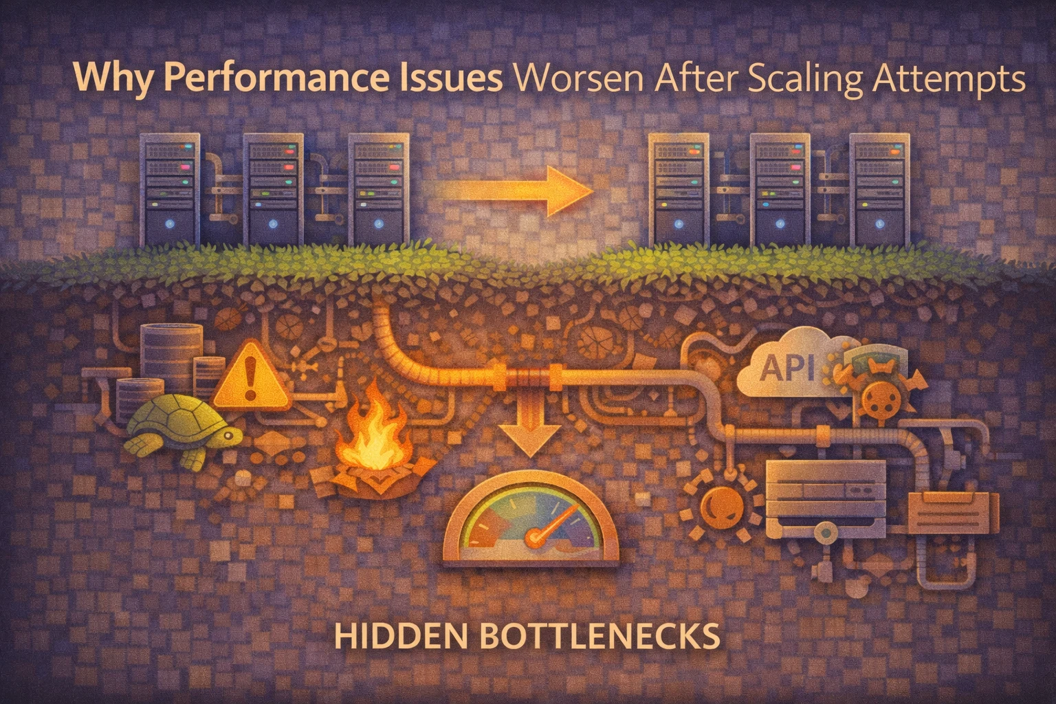 Flat illustration showing scaled infrastructure where performance problems increase due to hidden bottlenecks and coordination overhead.