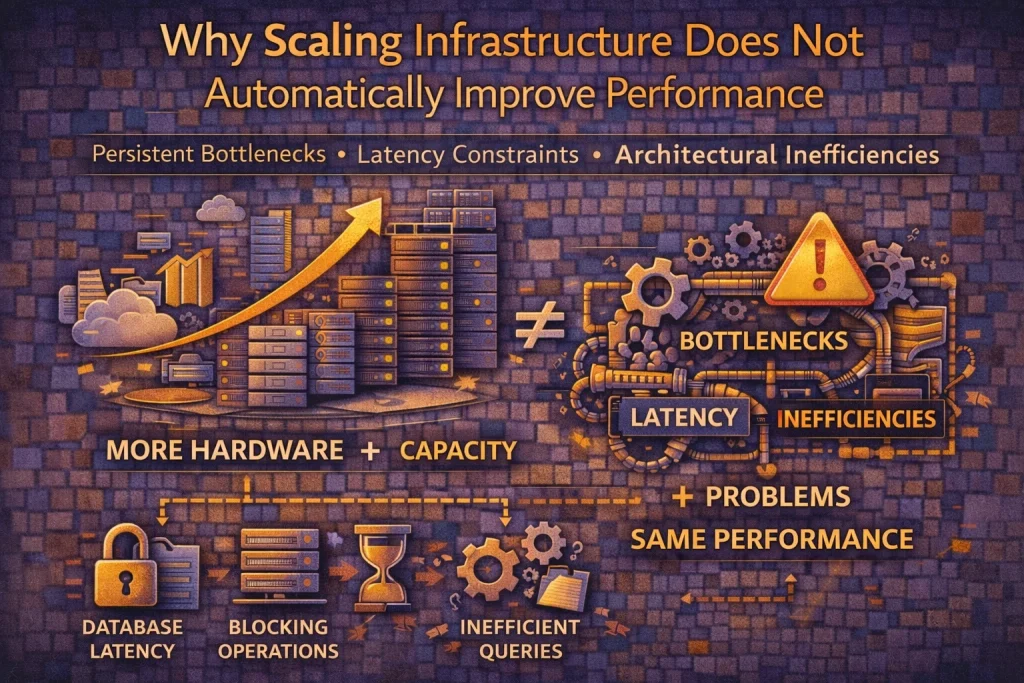 Flat illustration showing infrastructure scaling increasing resources while performance bottlenecks remain unresolved.