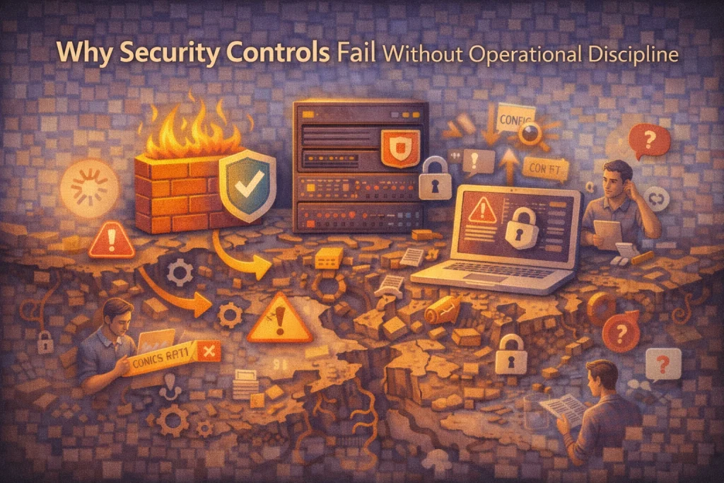Flat illustration showing security controls in a hosting environment failing due to operational inconsistencies and configuration drift.