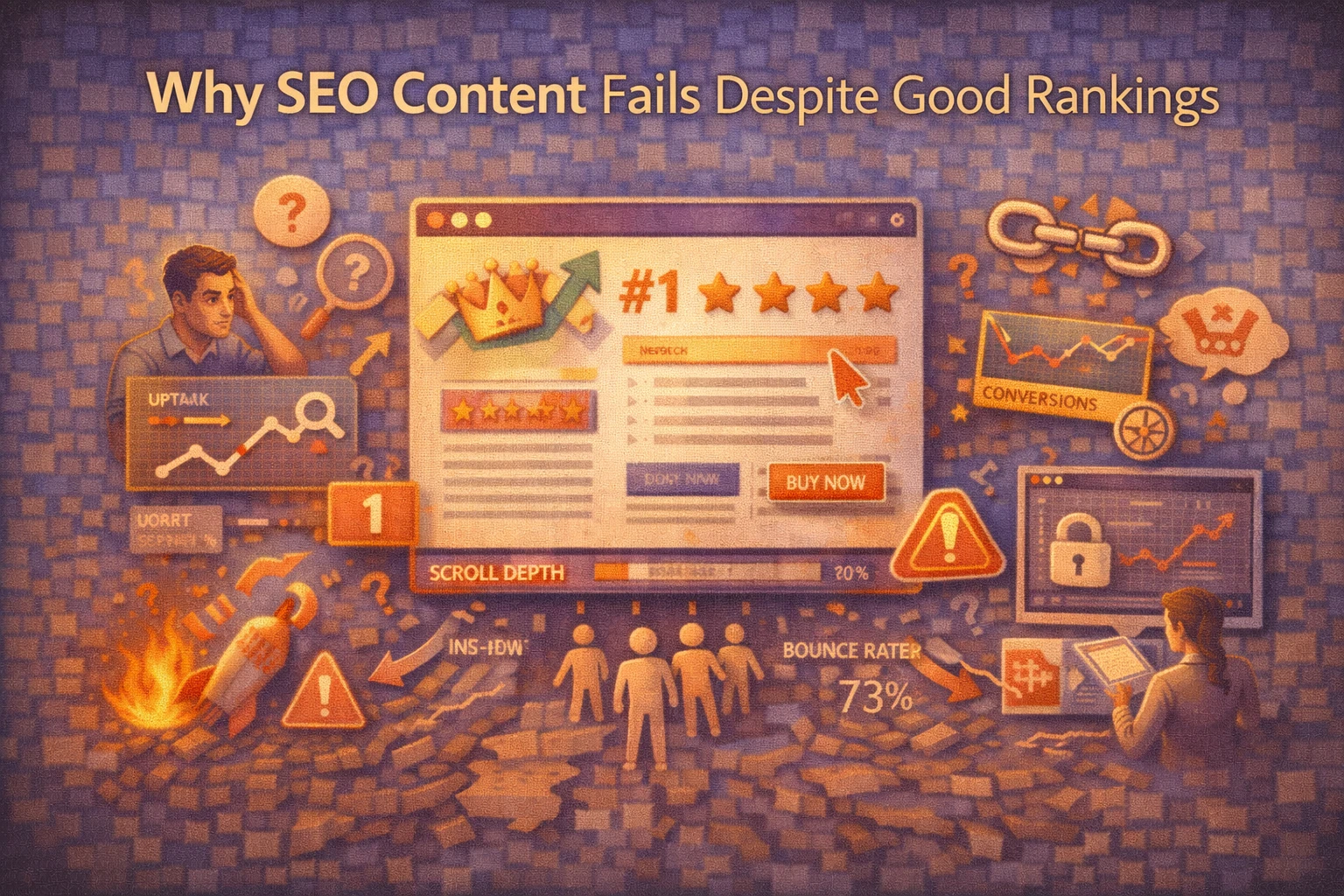 Flat illustration showing a high-ranking webpage that still struggles with engagement and conversions due to structural and intent mismatches.