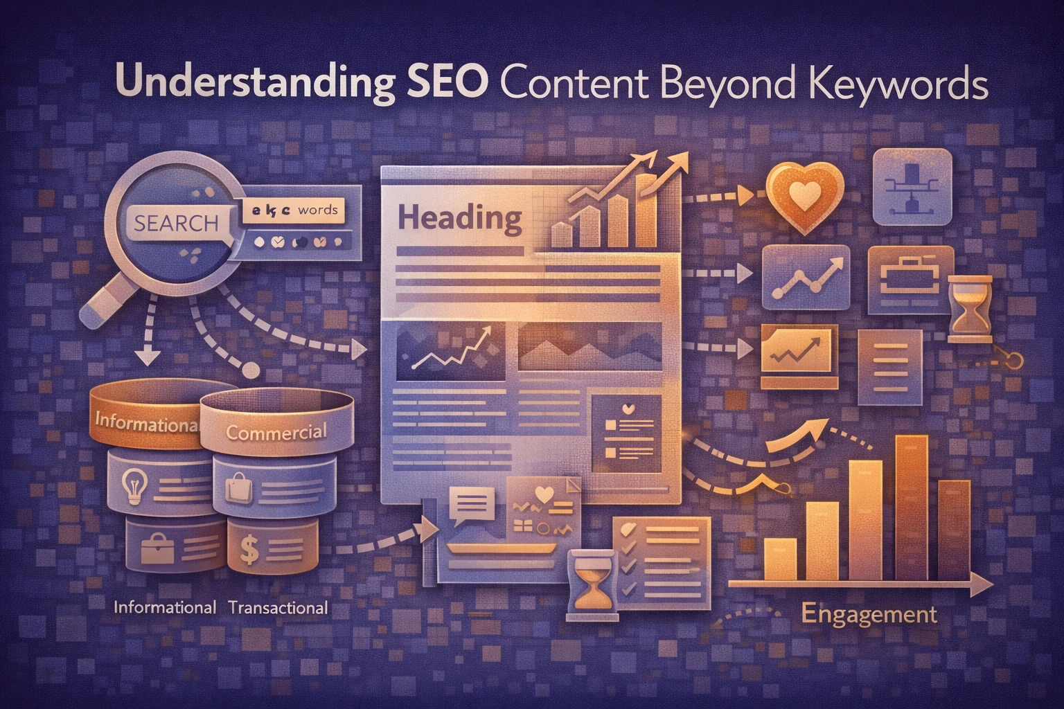 Flat illustration showing SEO content strategy with search intent layers, structured content sections, and performance signals beyond keyword targeting.