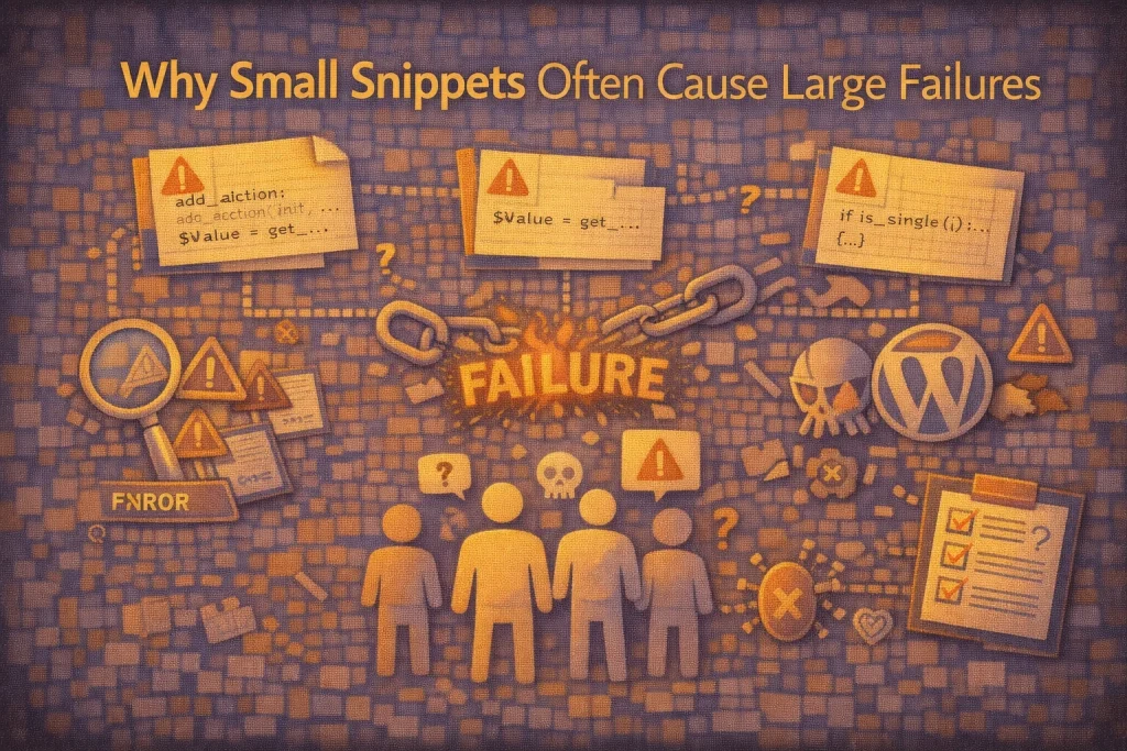 Flat illustration showing small WordPress code snippets creating large system failures due to hidden dependencies and conflicts.
