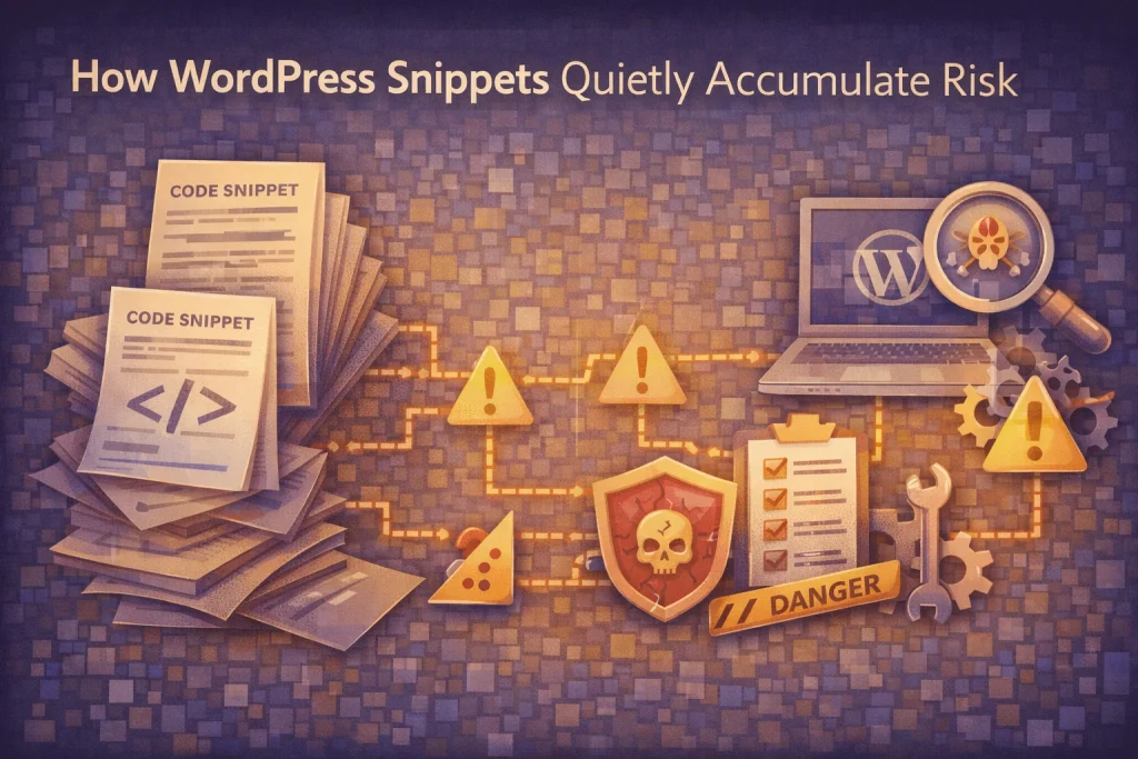 Flat illustration showing WordPress code snippets accumulating over time with warning indicators representing technical debt and maintenance risk.