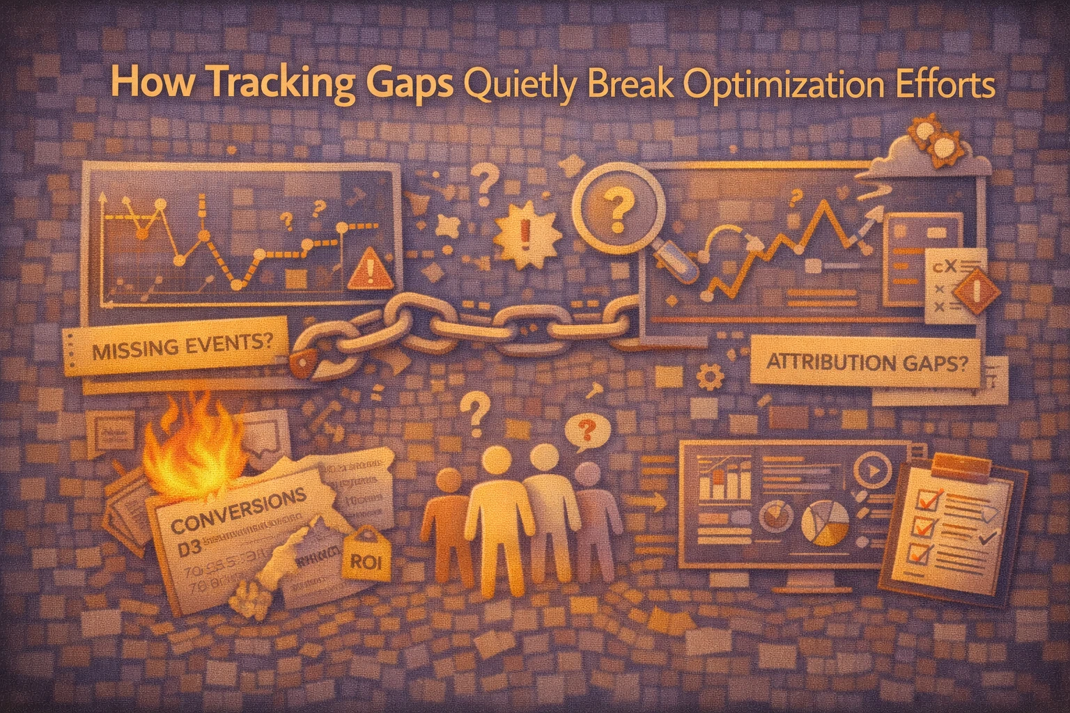 Flat illustration showing analytics tracking gaps causing distorted data and unreliable optimization decisions.