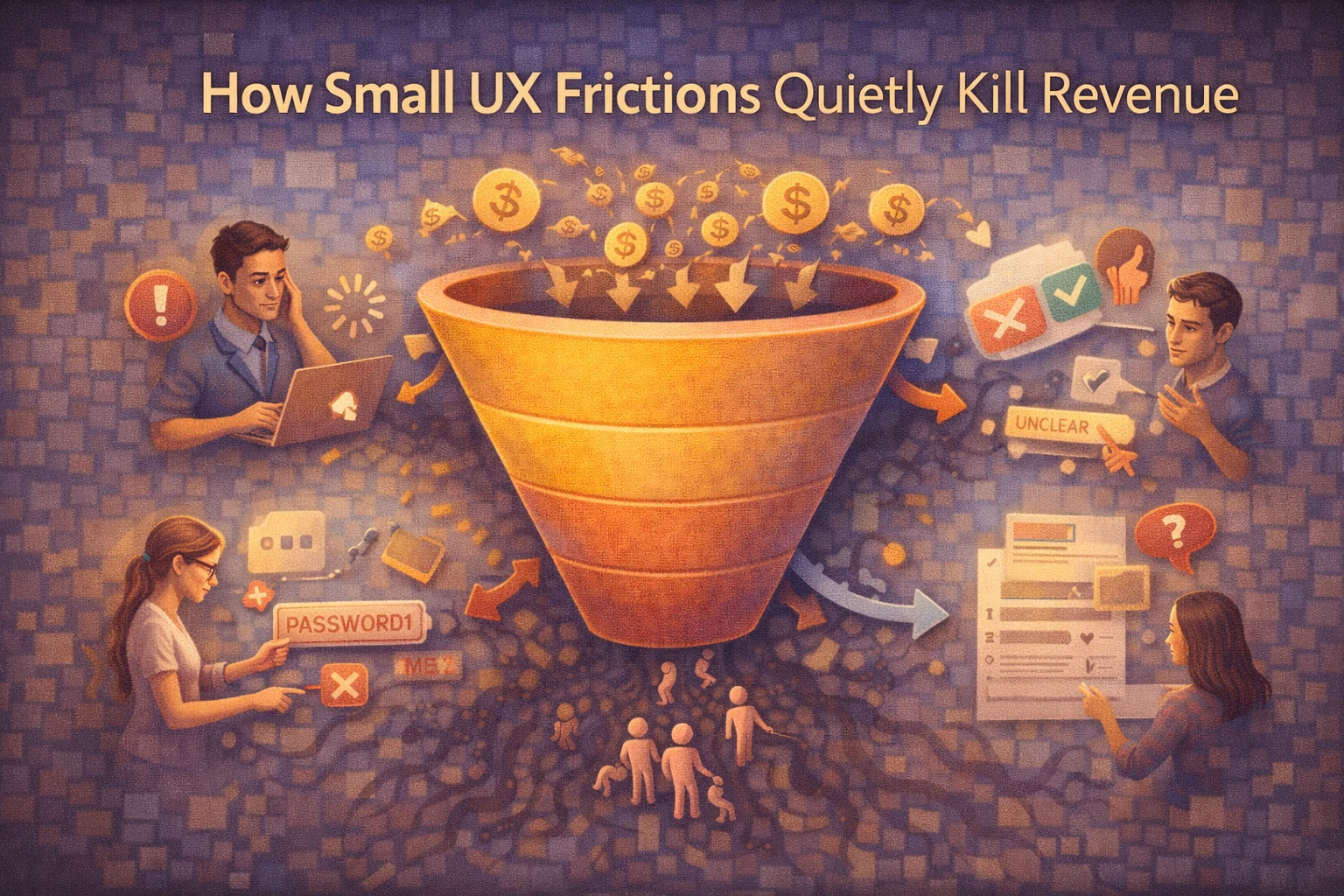 Flat illustration showing subtle UX frictions disrupting user flows and reducing conversions across a digital funnel.