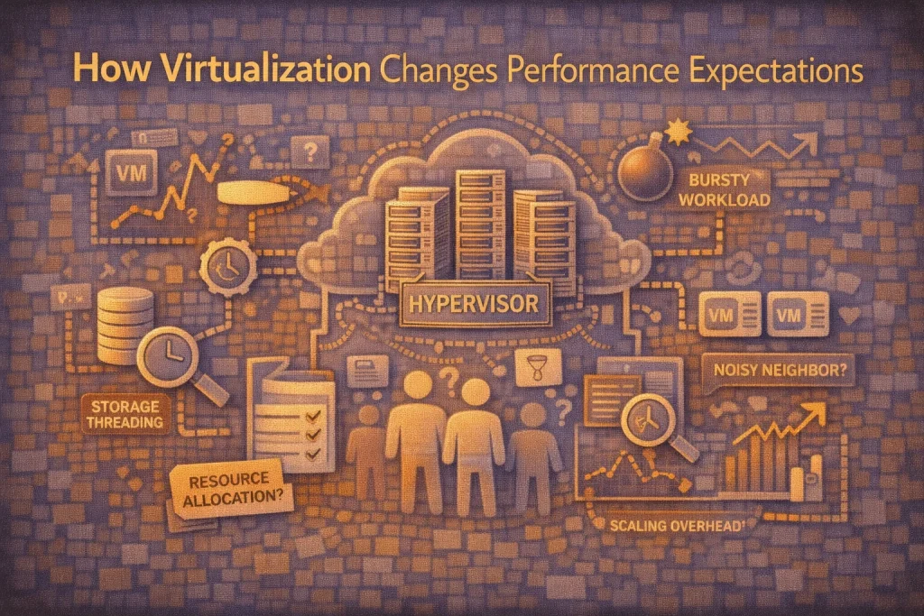 Flat illustration showing virtualized servers where performance expectations differ due to resource scheduling and shared infrastructure.