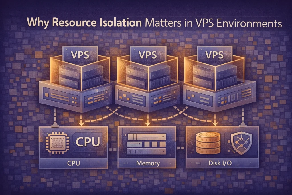 Flat illustration showing VPS resource isolation with separate CPU, memory, disk, and network layers ensuring stable virtual server performance.