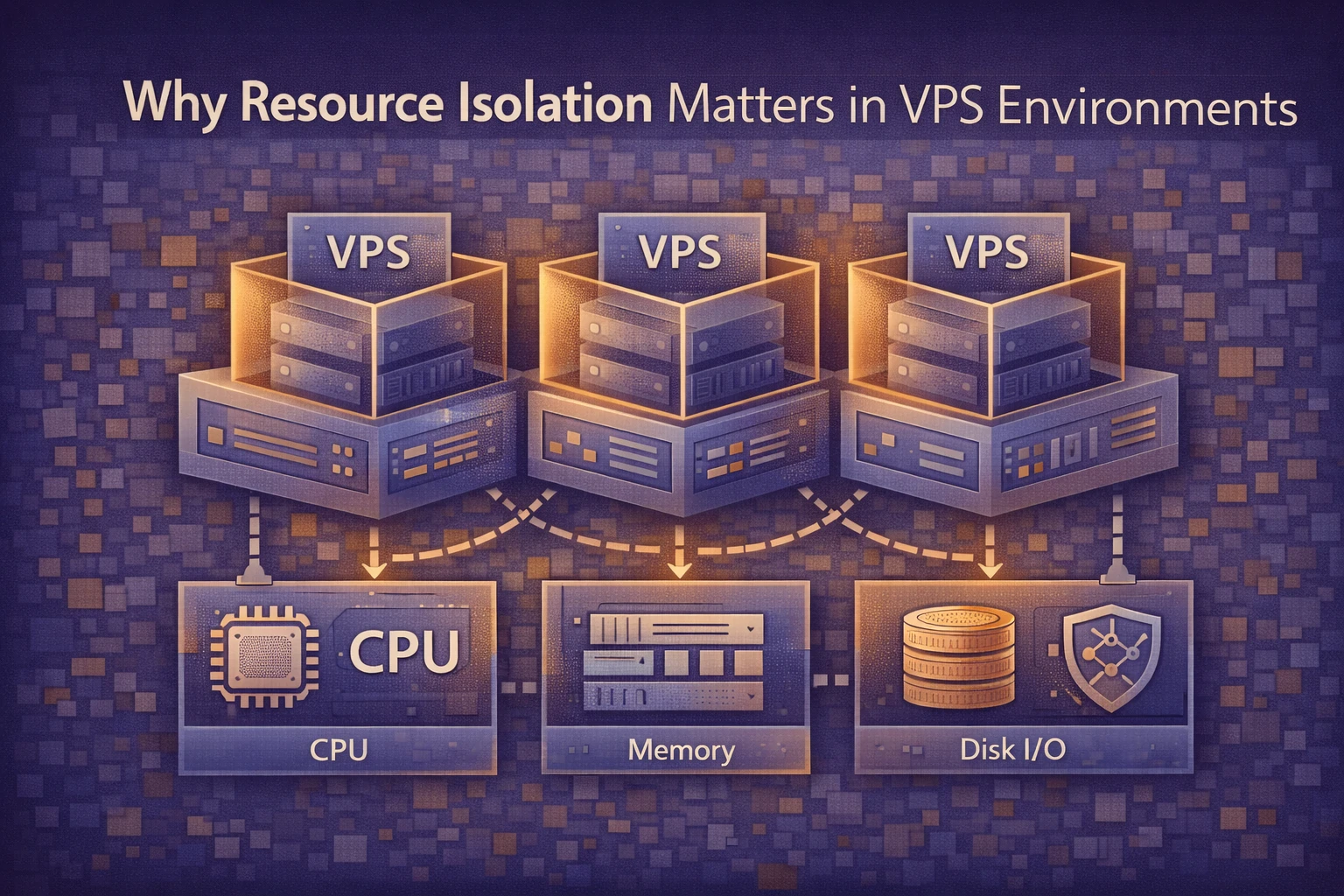 Flat illustration showing VPS resource isolation with separate CPU, memory, disk, and network layers ensuring stable virtual server performance.