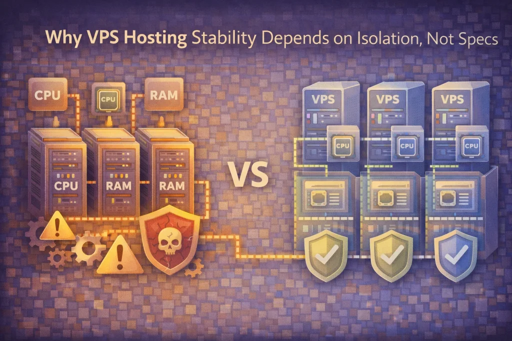Flat illustration showing VPS environments where resource isolation creates stable performance compared to shared, unstable infrastructure.