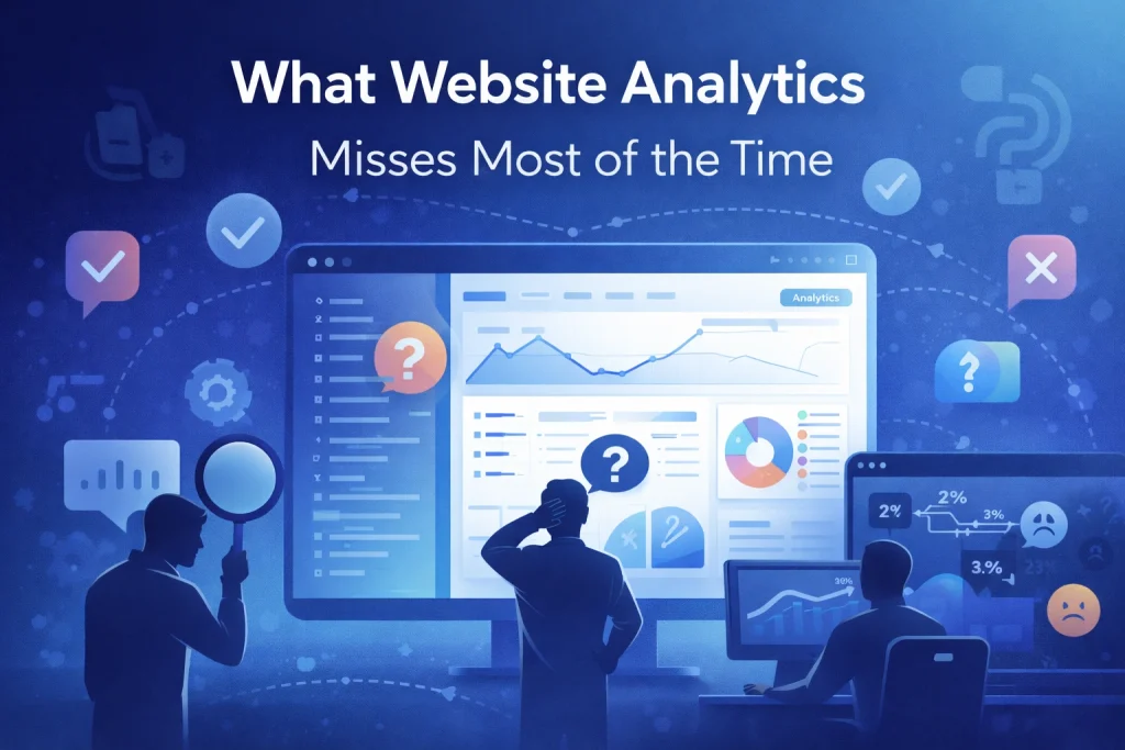 Flat illustration showing website analytics dashboards, user behavior charts, and data interpretation elements highlighting gaps in analytics insights.
