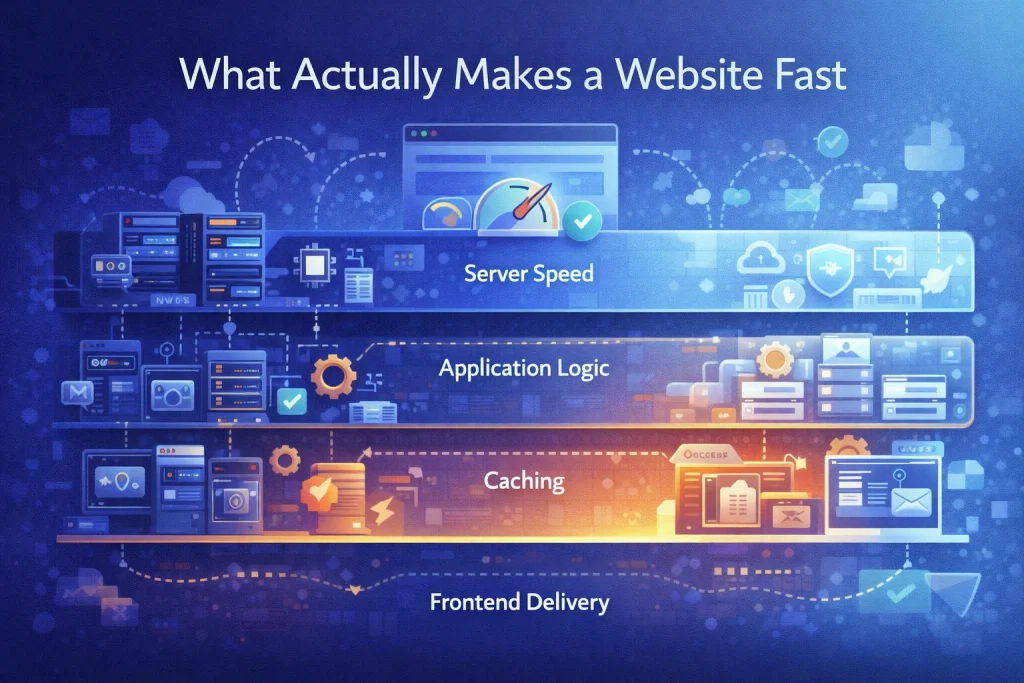 Flat illustration showing website performance layers including server speed, caching, application logic, and frontend delivery working together.