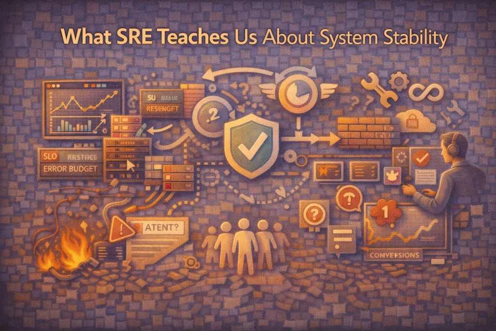 Flat illustration showing Site Reliability Engineering concepts improving system stability, monitoring visibility, and failure recovery.