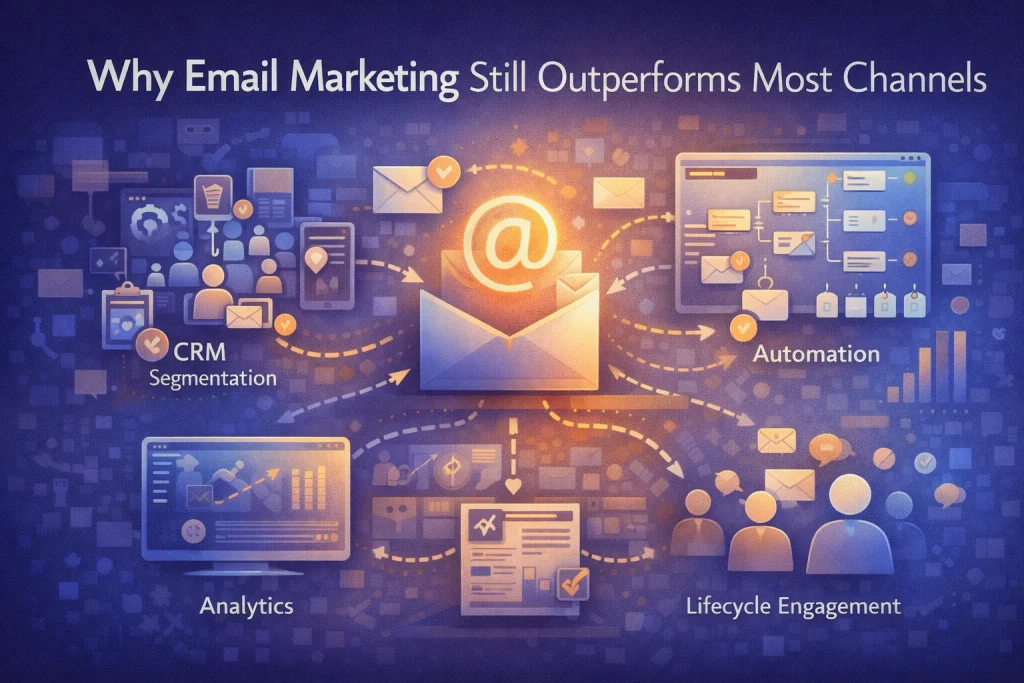 Flat illustration showing email marketing automation, CRM segmentation workflows, and campaign analytics demonstrating customer lifecycle engagement.