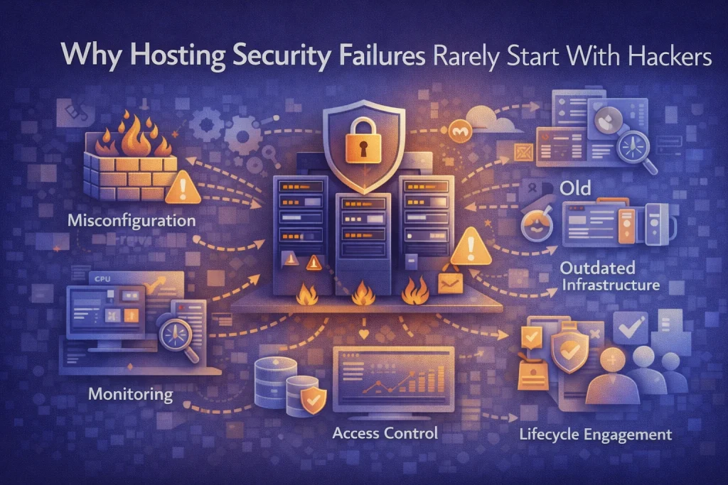 Flat illustration showing layered hosting security defenses including firewall protection, monitoring dashboards, access control, and compliance infrastructure.
