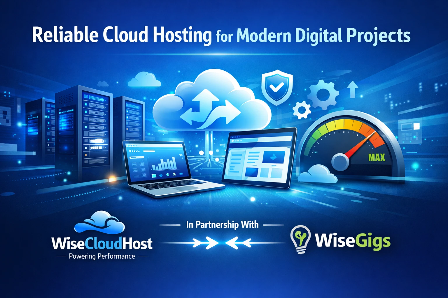 “Illustration of cloud hosting servers and performance tools used by WiseCloudHost for reliable web hosting.”
