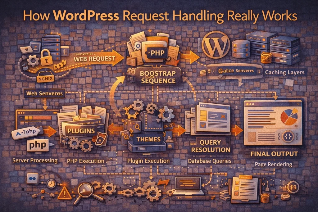 Flat illustration showing WordPress request handling flow from server request to PHP execution, plugins, queries, and final output.