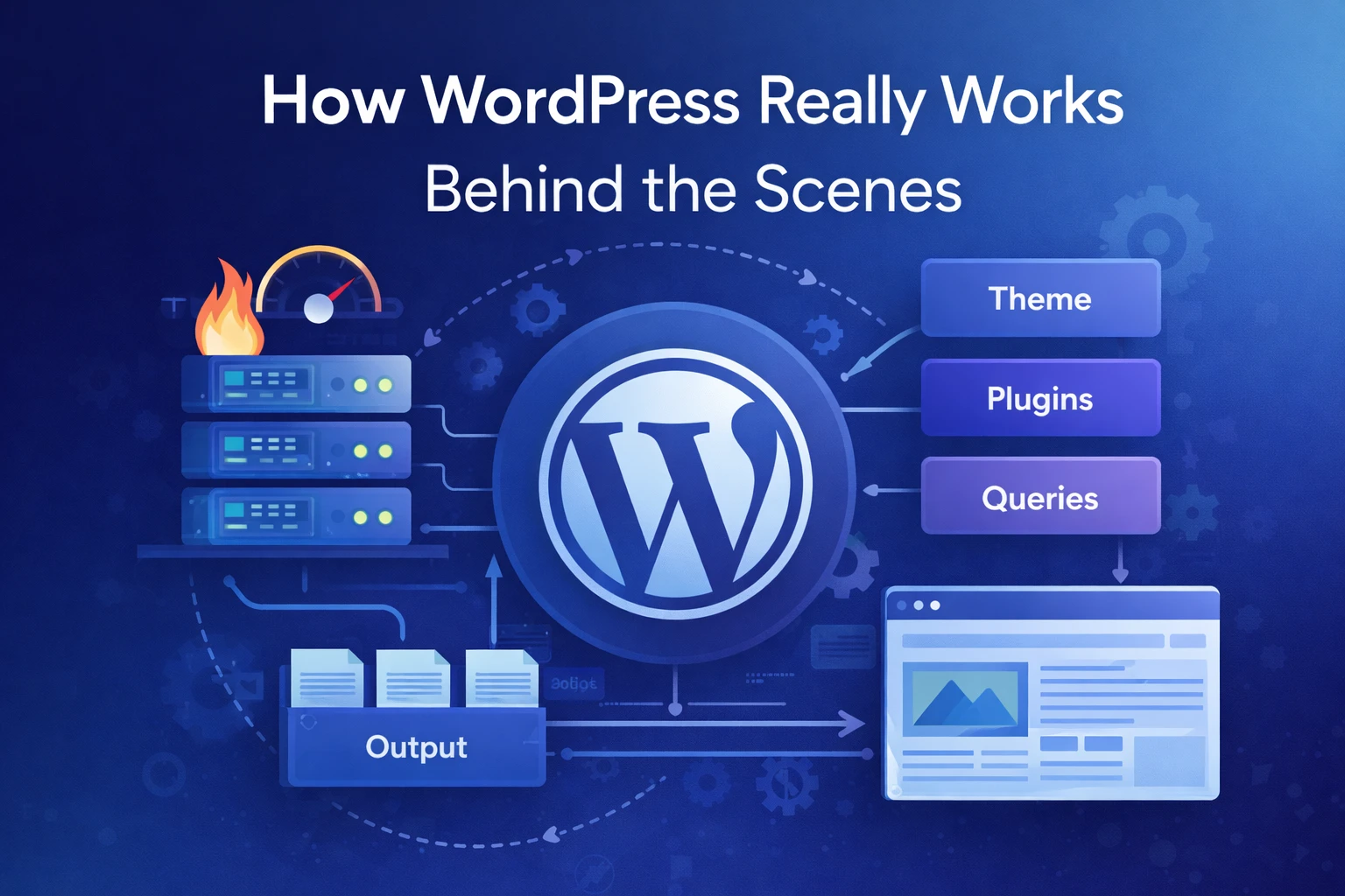 Flat illustration showing how WordPress works behind the scenes, including system flow, performance layers, and site structure.