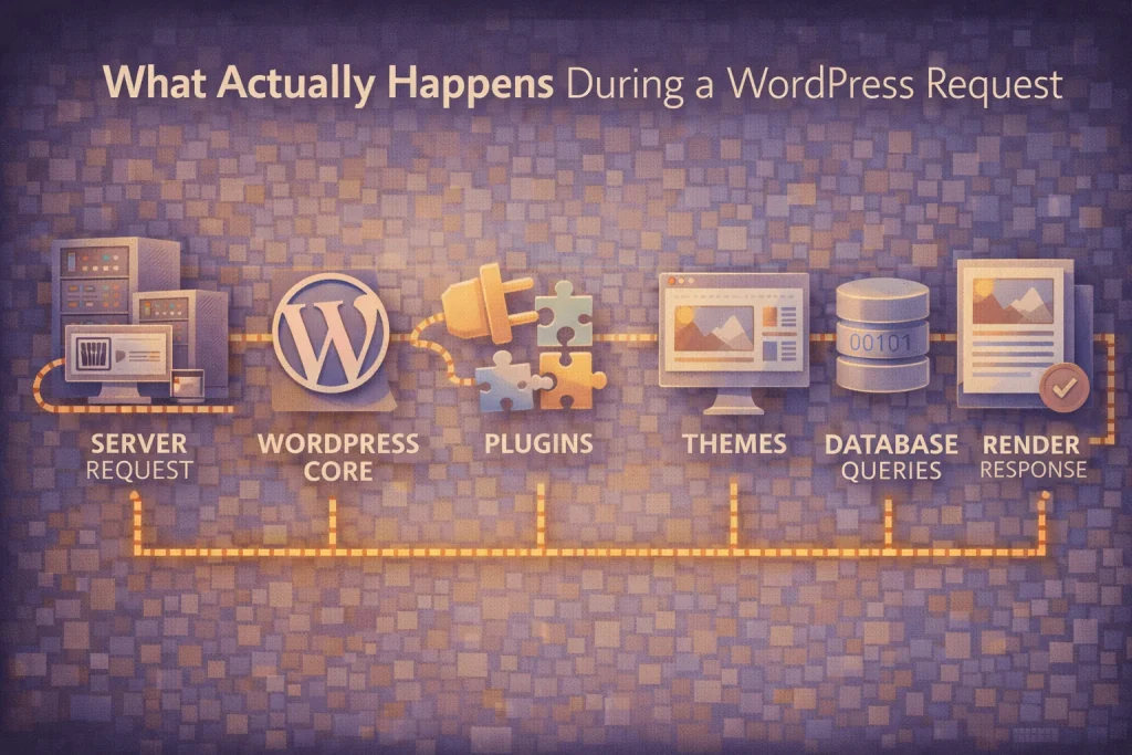 Flat illustration showing the WordPress request lifecycle from server request through core loading, plugins, themes, and response rendering.