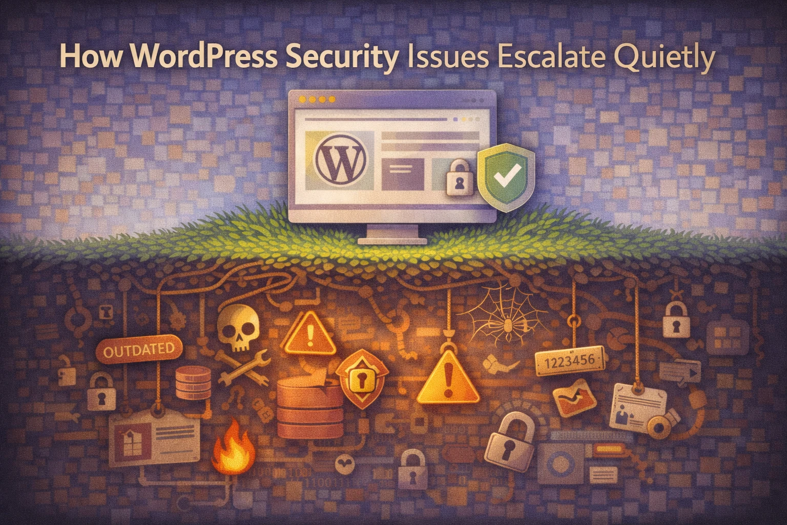 Flat illustration showing a WordPress website that appears secure while hidden vulnerabilities and risks accumulate beneath the surface.