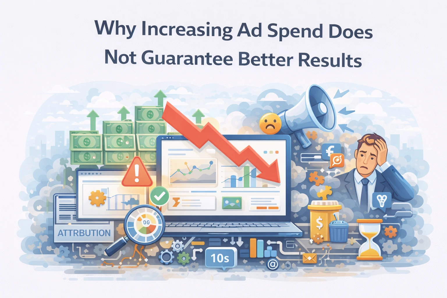 Flat illustration showing increasing ad spend failing to improve paid media campaign performance.