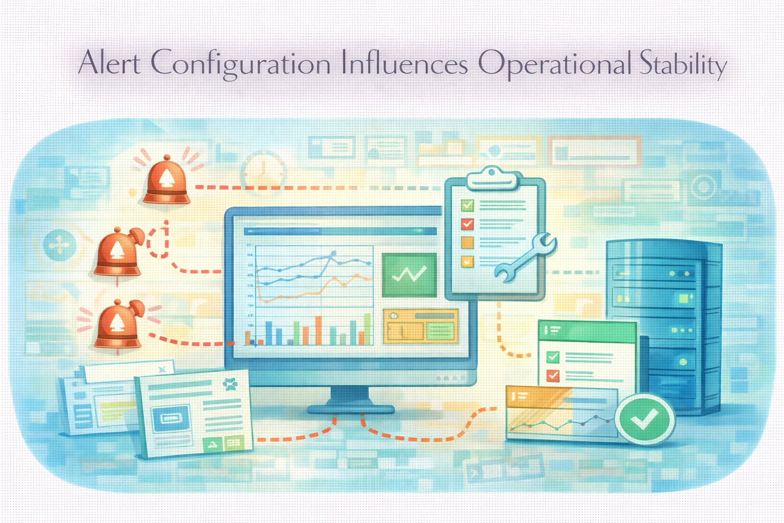 Flat illustration showing alert configuration improving monitoring signal clarity.