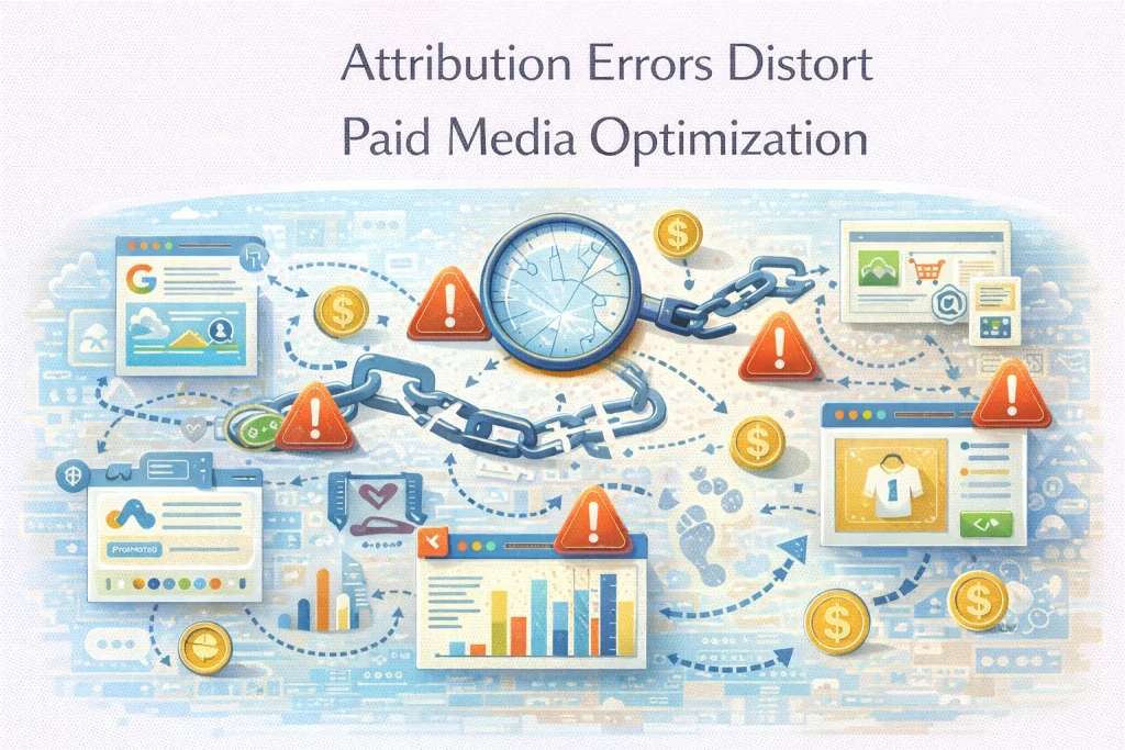 Flat illustration showing attribution errors affecting paid media optimization signals.