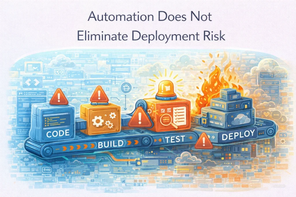 Flat illustration showing CI/CD automation pipeline with risk indicators affecting deployment reliability.