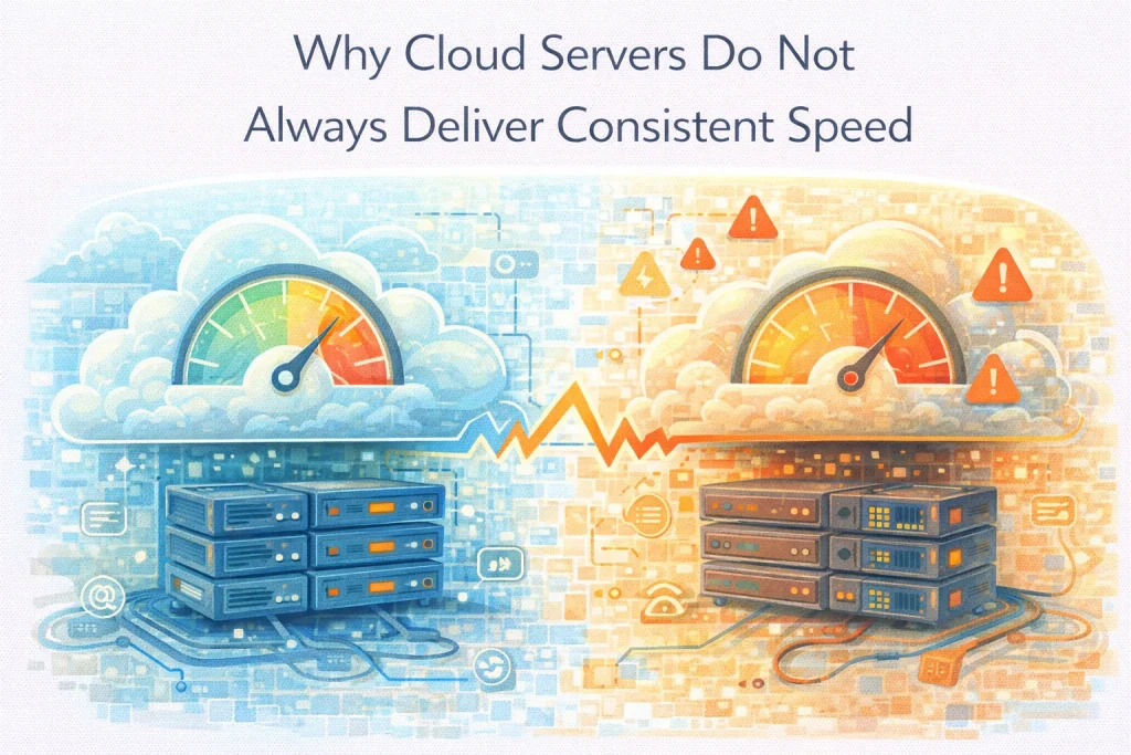Flat illustration showing cloud server performance variability caused by shared infrastructure.