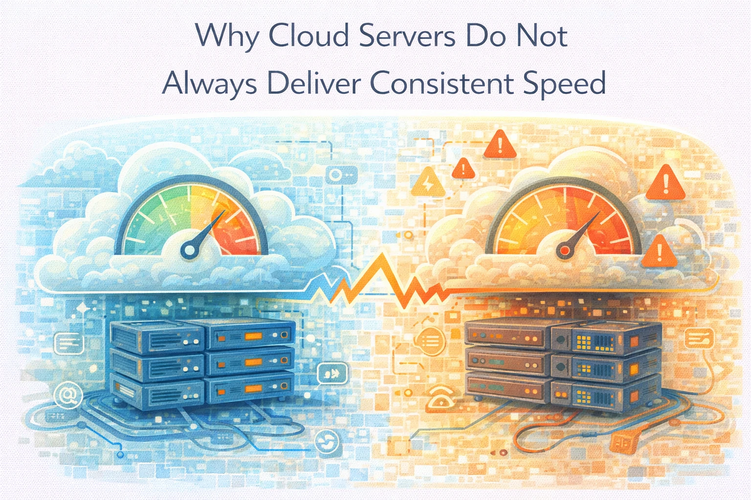 Flat illustration showing cloud server performance variability caused by shared infrastructure.