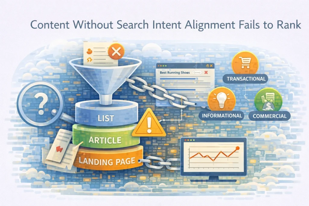 Flat illustration showing content misalignment with search intent affecting SEO rankings.