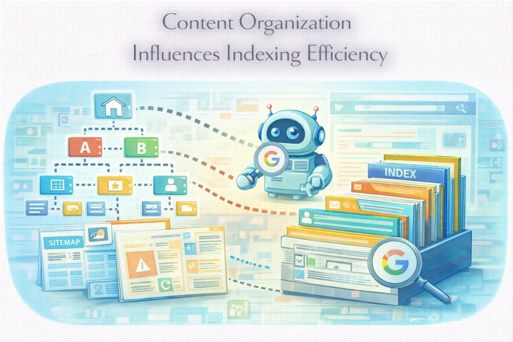 Flat illustration showing structured content improving search indexing efficiency.